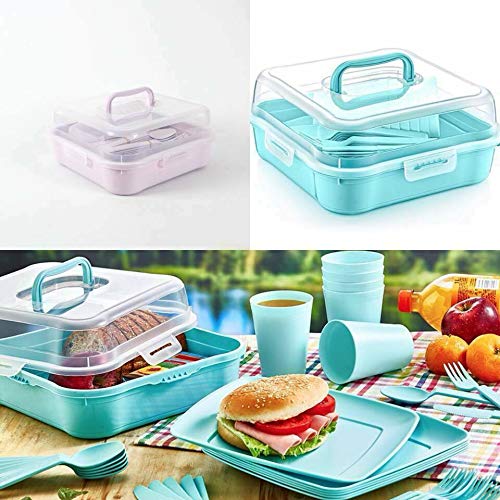 BS 32PC REUSABLE PLASTIC CAMPING PICNIC SET PLATES BOWLS GLASSES SPOONS FORKS UK