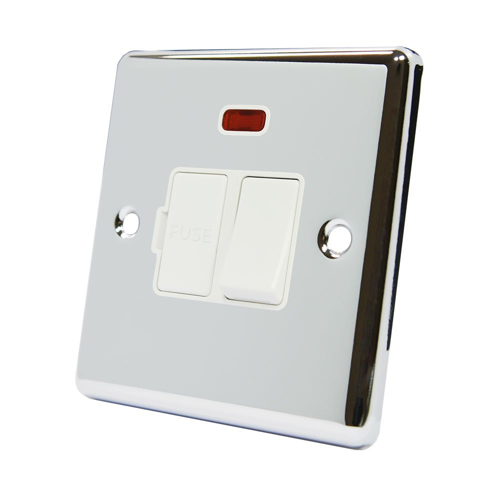 AET CPCSFNWH 13 A Classical Chrome Polished Fused Switched Connection Spur Unit with Neon Indicator and White Insert Plastic Rocker Switch