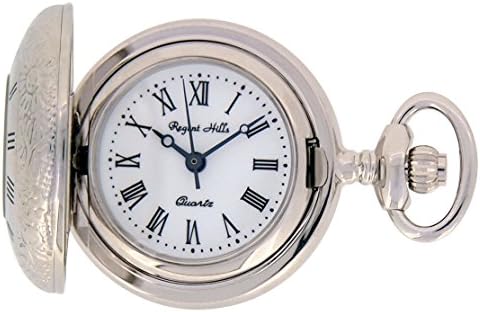 Regent Hills Vintage Half Hunter Brass Case Quartz Analog Pendant Pocket Watch With Chain 8104CP-W2