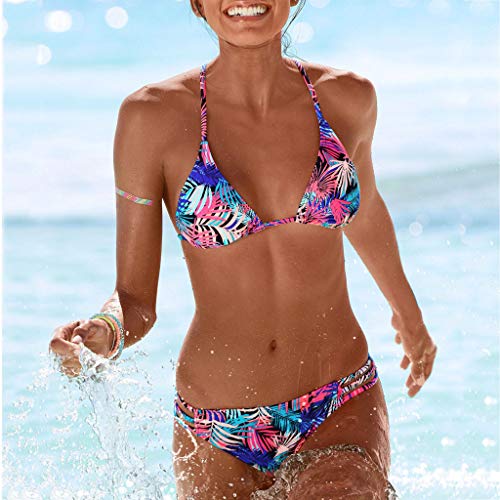 Lotus.Flower Women Brazilian Bikini Set Swimwear Halter Vest Tops Swimsuit Beach Bathing Suit (S, Pink)