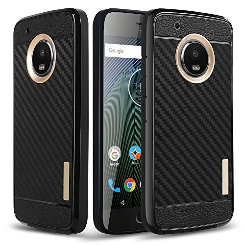 Moto G5 Plus Case, Hallsen [Carbon Fiber Series] Slim Protective Shock Absorbing Soft Touch Slim-Fit Flexible TPU Case Cover for for Moto G5 Plus - Gold