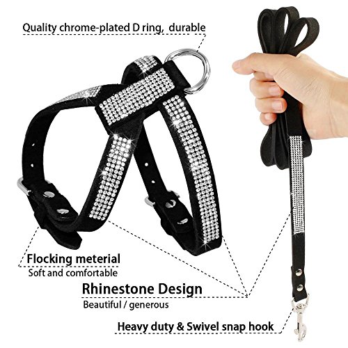DOGGYZSTYLE Dog Harness Bling Rhinestone Korea Suede Pet Puppy Small Dogs Vest Collar Leash Set For Chihuahua Teacup Cat (Black,XS)