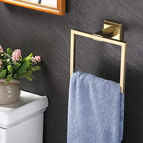 KES Bathroom Towel Ring SUS 304 Stainless Steel Towel Holder for Kitchen Modern Square Style Wall Mount No Drill Brushed Brass Finish, A2480DG-BZ - Thumbnail 4