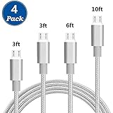 Micro USB Cable, KEOC 4Pack [10FT 6FT 3FT 3FT] Super-Durable Nylon-Braided Android Charging Cord for Galaxy S7 Edge/S7/S6/S4/S3,Note 5/4/3 (white)