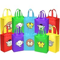 Ava & Kings Fabric Tote Party Favor Goodie Gift Bags for Candy, Treats, Toys, Loot - Birthdays, Showers, Easter, Halloween, Lunch, Grocery - Set of 10 - Safari Animal Face Theme