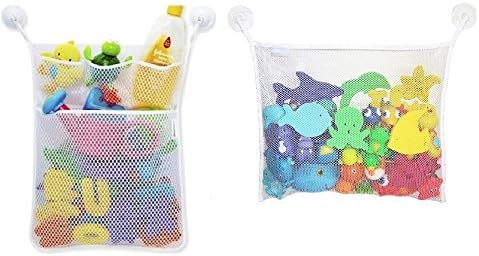 Hencu 2 x Bath Toy Organizer + 4 Strong Hooks – The Perfect Net for Bathtub Toys &amp; Bathroom Storage – These Multi-Use Organizer Bags Make Bath Toy Storage Easy – For Kids, Toddlers