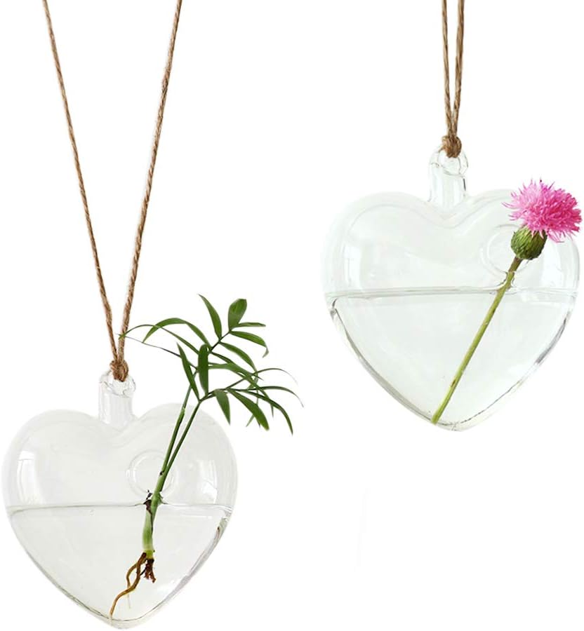 Ivolador 2PCS Heart-Shaped Hanging Glass Flower Plants Terrarium Container for Hydroponic Plants Home Garden Decor