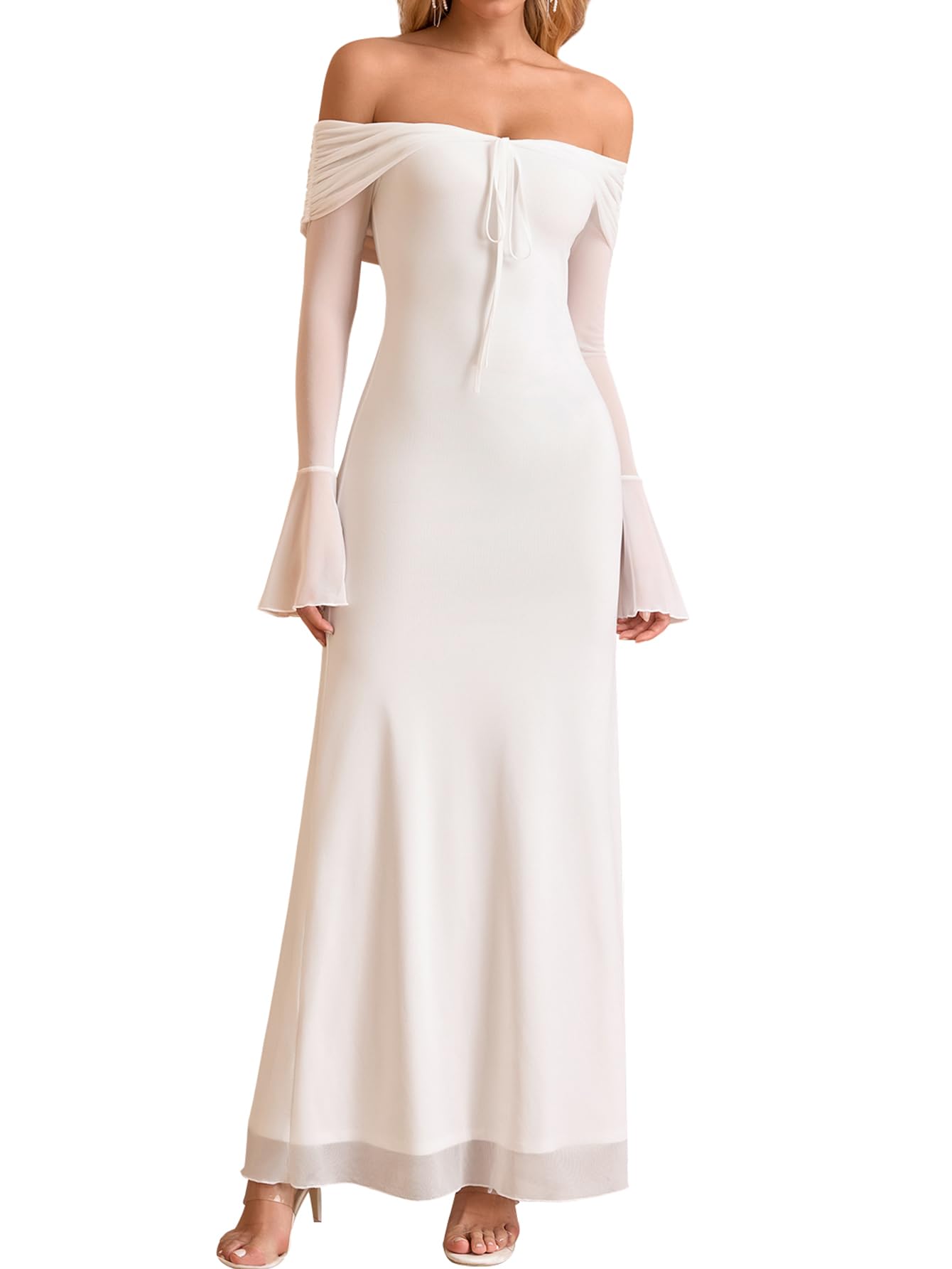 Photo 1 of KUTUMAI Elegant Off Shoulder Long Sleeve Maxi Dress Bodycon Tie Formal Wedding Guest Dresses for Women 2025 Fall White XL