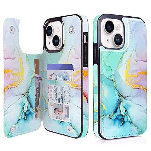 uCOLOR Mint Purple Marble Flip Wallet Case for iPhone 13/14 (6.1") - Card Holder & Kickstand, Women & Girls