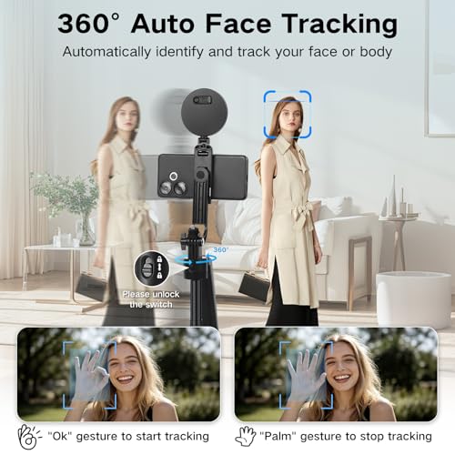 Juego de vlogging para iPhone/Android, 180 cm, trípode para teléfono móvil, con seguimiento automático de la cara, rotación de 360°, trípode para crear contenidos, set de iniciación con luz y