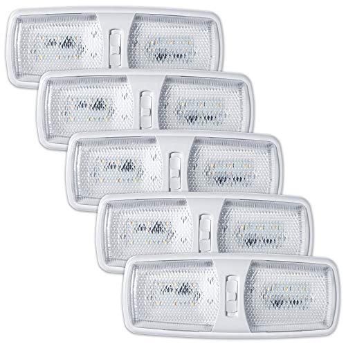 Leisure LED 5 Pack RV LED Slim Euro Ceiling Double Dome Light Fixture with ON/Off Switch Interior Lighting for Car, RV, Trailer, Camper, Boat DC 10-18V (5-Pack, Warm White 3000-3500K)