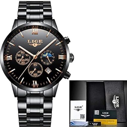 Lige Chronograph Waterproof Full Steel Quartz Mens Sports Watches (Watch Only) - 9831 - Steel Strip - Black Gold
