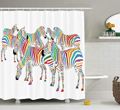 Nyngei Funny Decor Shower Curtain Set Colorful Cute Animal Herd with Rainbow Stripes Figure Digital Art Print Modern Safari Theme Bathroom Accessories 180x180CM White Orange