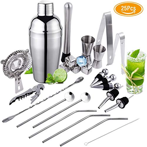 YOMYM Cocktail Shaker Set 25 Pieces Professional Stainless Steel Bar Tools Martini Shaker Bartender Set for Drink Mixing Experience