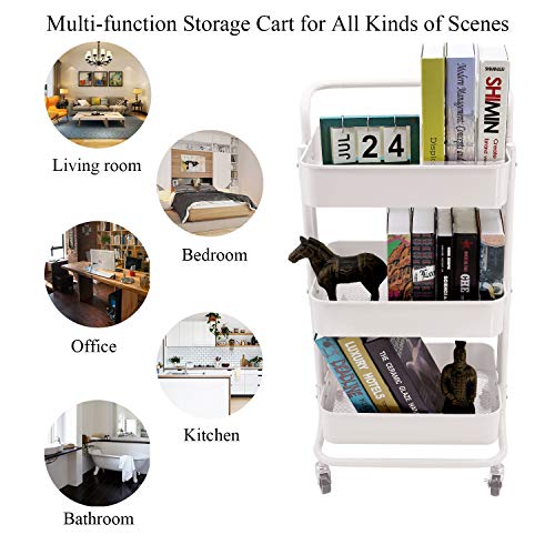 3-Tier Metal Storage Rolling Cart with Utility Mesh Basket Handle and Wheels, Multifunction Heavy Duty Large Shelves, Mobile Organizer Service Trolley for Office, Kitchen, Bedroom, Bathroom (White) - Thumbnail 4
