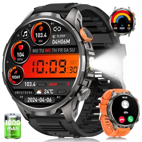 BANLVS 2026 Men's Military Smartwatch with 1000 mAh/LED Light, 1.91 Inch AMOLED Smartwatch Watch with Bluetooth Calls, 110+ Sports Modes, 5ATM, 24H Sleep/Heart Rate/SpO2, Android iOS