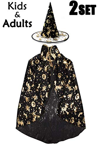 Camlinbo Halloween Witch Costumes Womens Cloak Boy Girl Wizard Cape with Party Hat Cosplay Party Favor Dress up (B Black Kids)