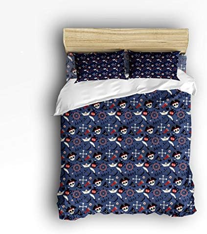 Olivefox Twin Bedding Duvet Cover Set, 4 Piece - Pirate Skull Anchor Rudder Luxury Hypoallergenic Microfiber Comforter Quilt Cover with Zipper Closure and Fitted Sheet, Decorative Shams