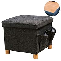 WALTSOM Folding Storage Ottoman, Cube Footrest Seat Stool Coffee Table with Woode Feet, Side Pockets, Double Sides Lid, Soft Padding for Home and Office, 15"X15"x15" (Black)