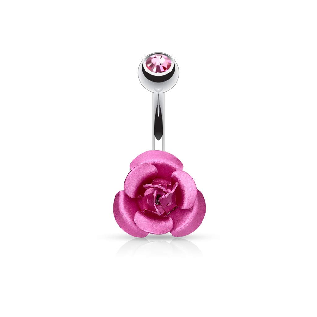 PiercedOff 316L Surgical Steel Belly Bar with Pink Metal Rose and Pink Gem Ball - Thickness 14GA (1.6mm) / Length 10mm / Top Ball 5mm and Rose Size is 10mm