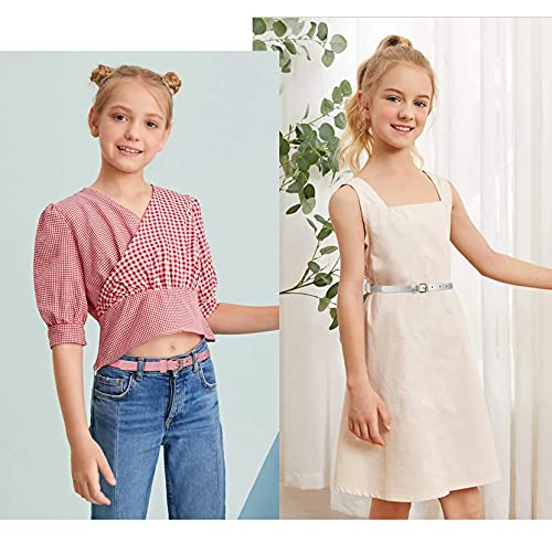 4 Pack Kids PU Leather Skinny Belt for Girls Boys Teen Child Thin Shiny Glitter Waist Belt for Jeans Dress, Black+Silver+Pink+Rainbow,Fits Waist Size 27-31 Inches