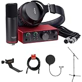 Focusrite Scarlett Solo Studio USB-C Audio Interface with Microphone and Headphones (4th Generation) Bundle with Clamp On Headphone Holder, Tripod Mic Stand + Boom, Kellopy Pop Filter &amp; XLR Cable