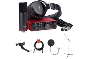 KELLARDS Focusrite Scarlett Solo Studio USB-C Audio Interface with Microphone and Headphones (4th Generation) Bundle with Clamp On Headphone Holder, Tripod Mic Stand + Boom, Kellopy Pop Filter & XLR Cable