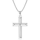 MILACOLATO Solid 925 Sterling Silver Cross Necklace for Men Women, 2mm Durable Diamond-Cut Sterling Silver Chain with Beveled Edge Cross Pendant, Mens Silver Gold Crucifix Pendant Necklace Jewelry 16-24 Inches Mother's Father's Day Jewelry Gifts