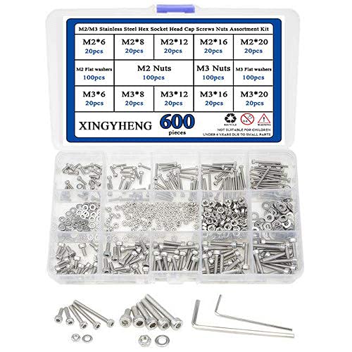 BGTXINGI 600Pcs 304 Stainless Steel M2/M3 Stainless Steel Hex Socket Head Cap Screws Nuts Assortment Kit with 2PCS Hex Keys for Free