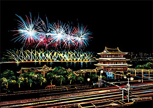 C-pop Scratch Art, Scratch Art Paper DIY Night View Scratchboard for Adult and Kids, with Stylus/Black Brush,8.2''x11.4'' (Ancient Buildings)