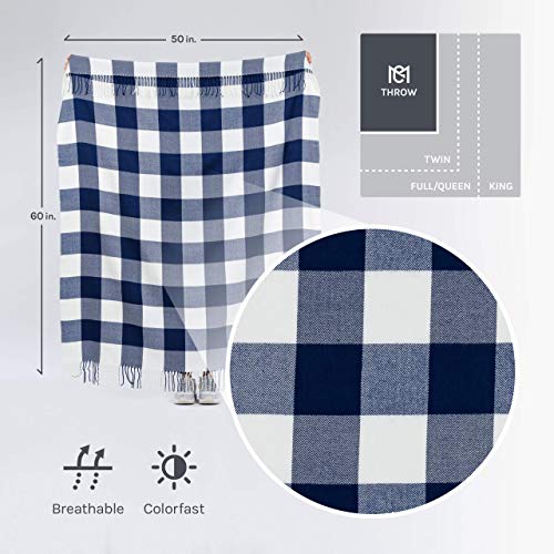BUFFALO PLAID THROW BLANKET FOR COUCH – FARMHOUSE THROW WITH CHECK PATTERN – SOFT WOVEN WITH DECORATIVE FRINGE – LIGHTWEIGHT FOR BED, SOFA, CHAIR, OFFICE, OUTDOOR – 50 X 60 IN. (NAVY BLUE)
