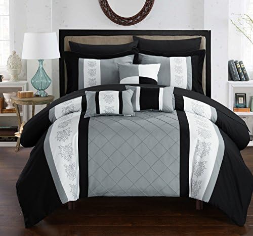Chic Home 10 Piece Clayton Pin Tuck Pieced Block Embroidery Bed In A Bag Comforter Set with Sheet Set, King, Grey by Chic Home