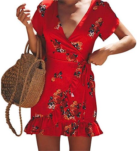 CLOUSPO Summer Wrap Ruffle Dresses for Women Casual Deep V Neck Mini Short Dress A Line