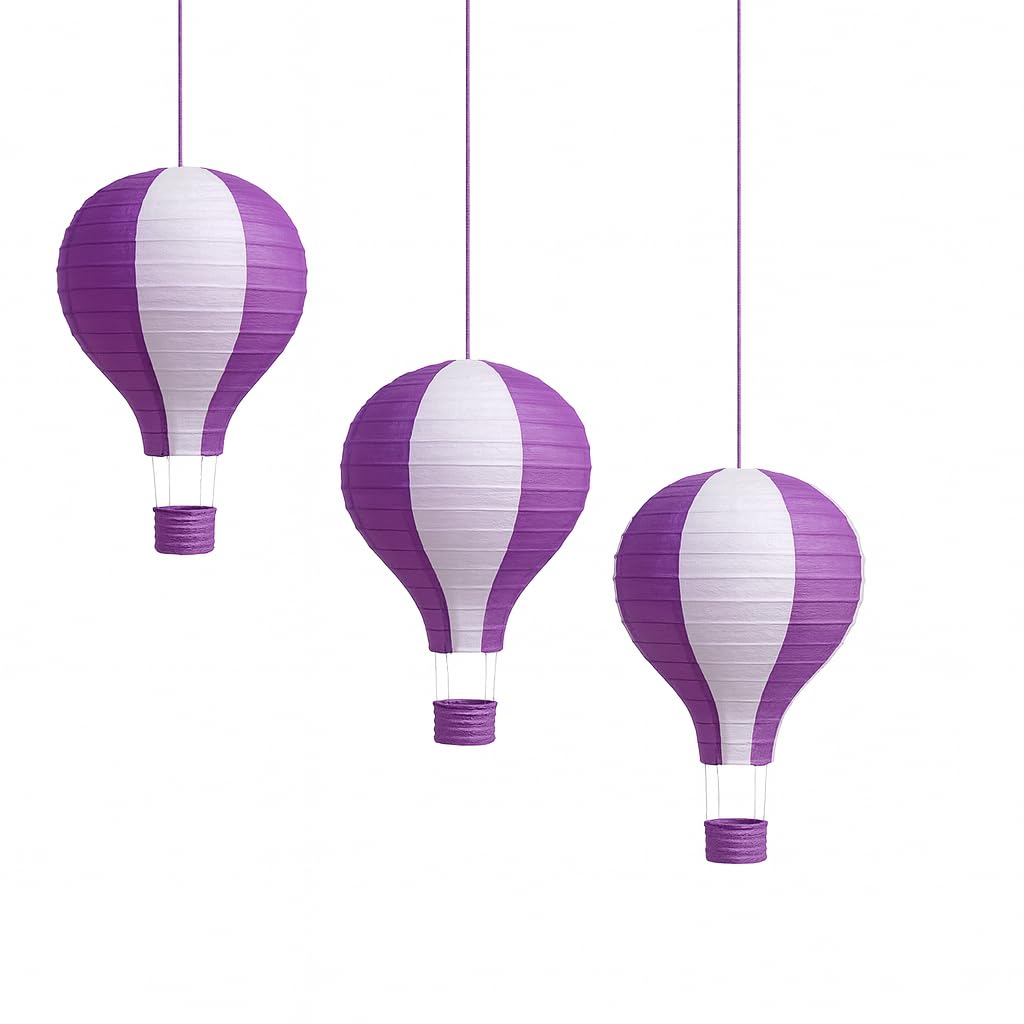 Pack of 3 Stripy Hot Air Balloon Paper Lantern Wedding Party Decoration Craft Lamp Shade (Purple, 8" (20CM))
