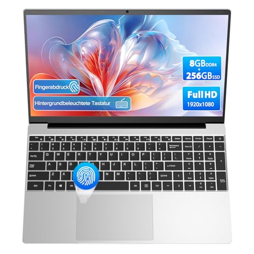 2026 Laptop Computer Notebook QWERTY mit Deutscher Tastaturfolie,15.6" IPS FHD Display,8GB RAM 256GB SSD,Celeron N5100,WiFi5,BT5.0,USB3.0,Beleuchtete Tastatur,Fingerprint für Büro & Studenten,Silber