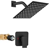 Heyalan 8 Inch Square Rain Shower Faucet Set with Valve, Matte Black | Female-thread 1/2-inch NPT connections, SUS304 shower head, brass rough-in valve, single-handle control Shower Set