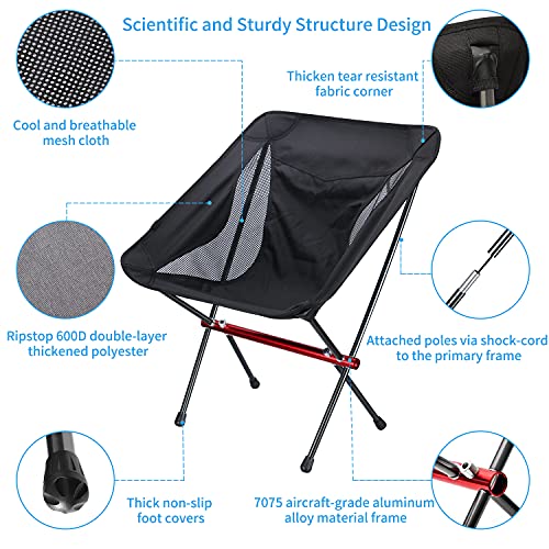 Hatsutec Portable Folding Camping Chair 2lbs Compact Ultralight Foldable Backpacking Chairs, Aluminum Alloy Frame Outdoor Chair Holds Up to 300lbs for Camping, Backpacking, Hiking,Travel(Black)