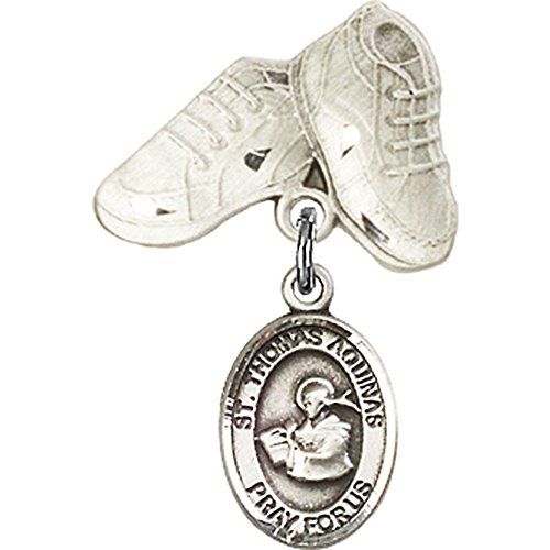 Sterling Silver Baby Badge with St. Thomas Aquinas Charm and Baby Boots Pin 1 X 5/8 inches