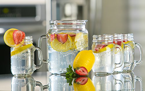 Mason Craft & More Drinkware Collection- Durable Glass Leak Proof Beverage Glassware, 5 Piece 0.5 Gallon Pitcher and Mug Set - Thumbnail 3