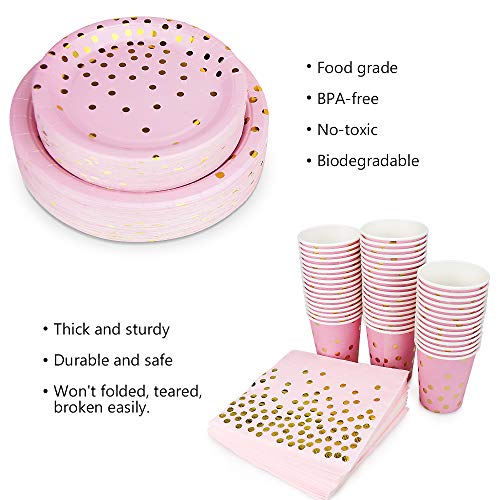 Pink and Gold Party Supplies - 200PCS Disposable Pink Paper Plates Dinnerware Set Gold Dots 50 Dinner Plates 50 Dessert Plates 50 9oz Cups 50 Napkins Wedding Birthday Party Baby Shower Christmas - Thumbnail 3