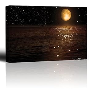 Gold Moon and Bright Stars Illuminating The Ocean at Night - Canvas Art Home Art - 12x18 inches