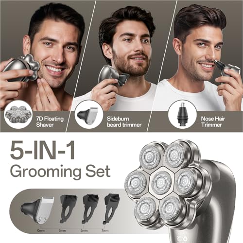 Head Shavers for Bald Men – Electric Razor for Men, 7D Magnetic Electric Shavers for Men, IPX7 Waterproof 5-in-1 Shavers for Men Grooming Kit (Gray)