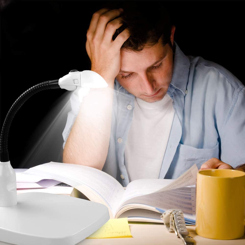 Leffis Large 10X Magnifying Lamp Magnifying Glass with Light and Stand Hands Free Folding Design with 6 LED Lamp Lighted Magnifying Glasses for Close Work, Reading, Crafts, Hobbies, Workbench, (White)