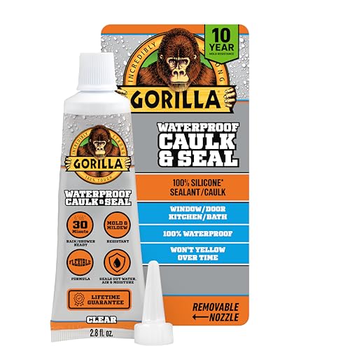 Gorilla 100% Silicone Caulk, Waterproof Sealant, 2.8oz Squeeze Tube, Clear