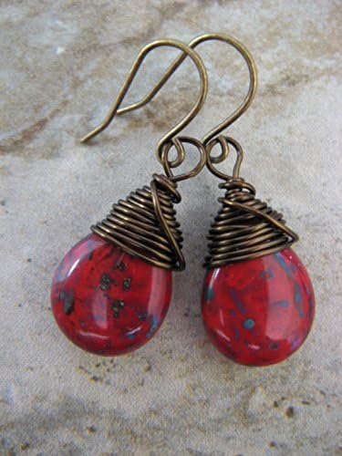 Speckled Red Czech Glass Drop Wire Wrapped Earrings Boho Artisan Jewelry