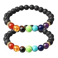 Fashion Road 7 Chakra Bead Bracelets, 8mm Natural Lava Rock Yoga Beads Bracelets for Meditation Relax Healing and Relief Stress/Anxiety (2 Pieces)