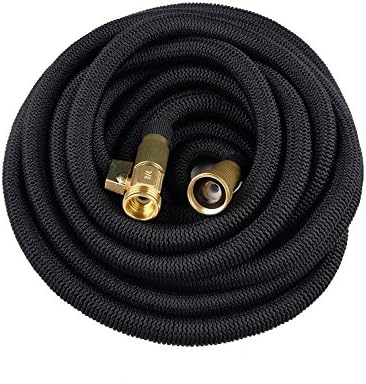 VOLFO 100 Feet Expanding Garden Hose, Solid Brass Ends, Shut Off Valve, Natural Latex Core, 5000 Denier High Tenacity Woven Wrap, Black