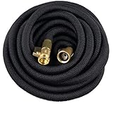 VOLFO 100 Feet Expanding Garden Hose, Solid Brass Ends, Shut Off Valve, Natural Latex Core, 5000 Denier High Tenacity Woven Wrap, Black