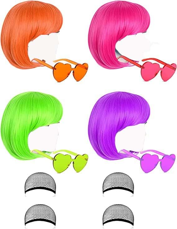 KOWVOWZ Colored Wigs, Funky Colorful Wigs, Short Bob Hair Wigs, Neon Party Wigs, Cosplay Wigs with Rimless Heart Shape Sunglasses, One Size for All Women Kids & Adults Costume Night Club(4 Pack)