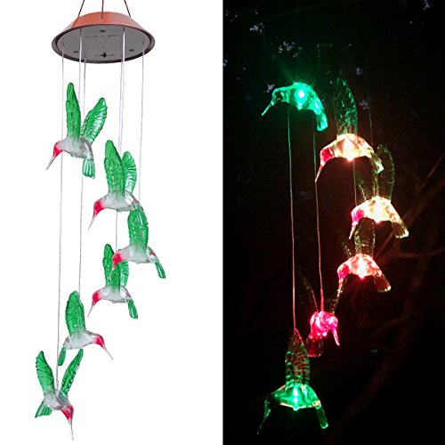 LED Solar Wind Chime - Outdoor Waterproof Solar Powered LED Changing Light Color Mobile Six Hummingbird Wind Chimes For Home,Party,Festival Decor,Valentines Gift,Night Garden Decoration (Hummingbird) - Thumbnail 5
